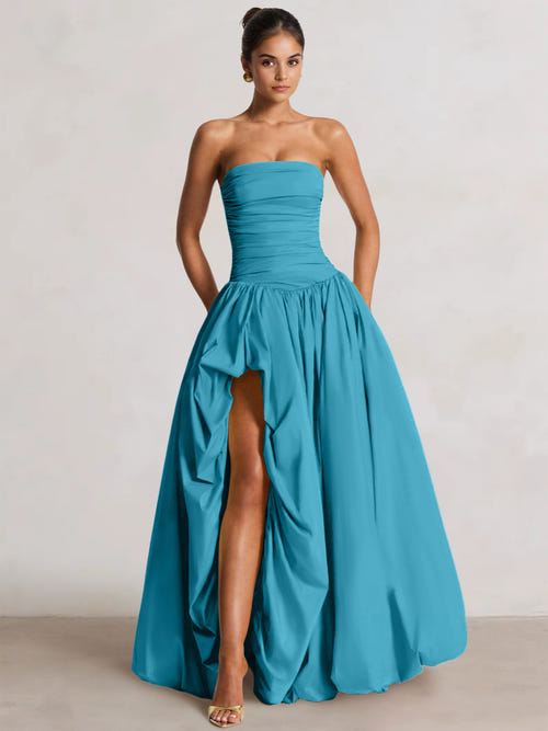 A-Line/Princess Long Butter Yellow Prom Dresses Basque Waist Stretch Strapless Floor-Length Side Split With Pleats&Back Lace-Up Wedding Guest Dresses