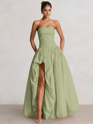 A-Line/Princess Long Butter Yellow Prom Dresses Basque Waist Stretch Strapless Floor-Length Side Split With Pleats&Back Lace-Up Wedding Guest Dresses