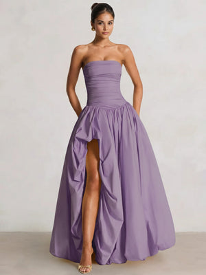 A-Line/Princess Long Butter Yellow Prom Dresses Basque Waist Stretch Strapless Floor-Length Side Split With Pleats&Back Lace-Up Wedding Guest Dresses