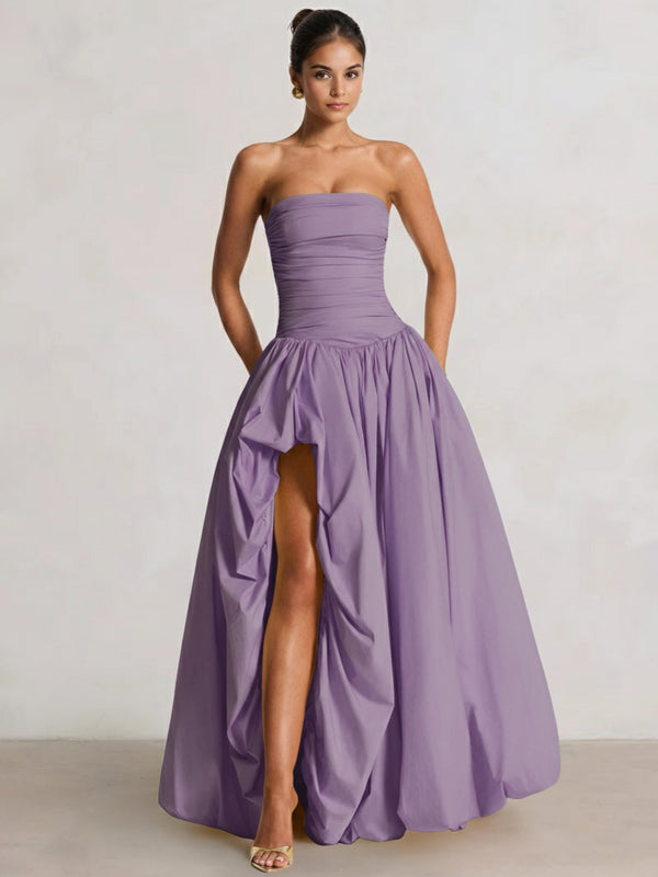 A-Line/Princess Long Butter Yellow Prom Dresses Basque Waist Stretch Strapless Floor-Length Side Split With Pleats&Back Lace-Up Wedding Guest Dresses