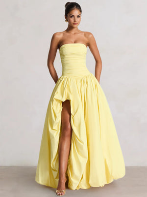 A-Line/Princess Long Butter Yellow Prom Dresses Basque Waist Stretch Strapless Floor-Length Side Split With Pleats&Back Lace-Up Wedding Guest Dresses