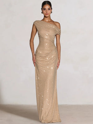 Mermaid Evening Dresses One Shoulder Short Sleeves Floor Length Rhinestone Formal Ruched Wedding Gues