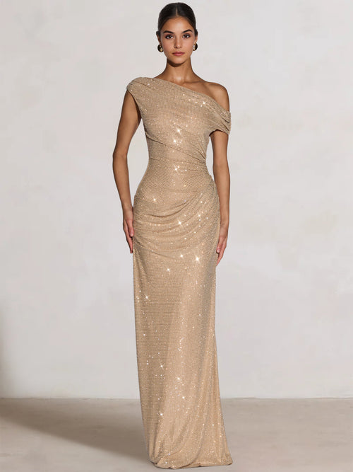 Mermaid Evening Dresses One Shoulder Short Sleeves Floor Length Rhinestone Formal Ruched Wedding Gues