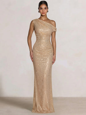 Mermaid Evening Dresses One Shoulder Short Sleeves Floor Length SequinsFormal Ruched Wedding Gues