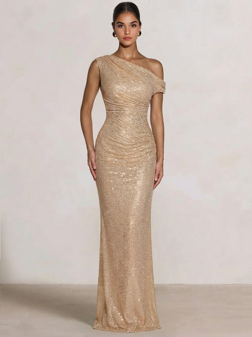 Mermaid Evening Dresses One Shoulder Short Sleeves Floor Length SequinsFormal Ruched Wedding Gues