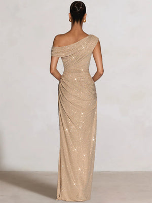 Mermaid Evening Dresses One Shoulder Short Sleeves Floor Length Rhinestone Formal Ruched Wedding Gues