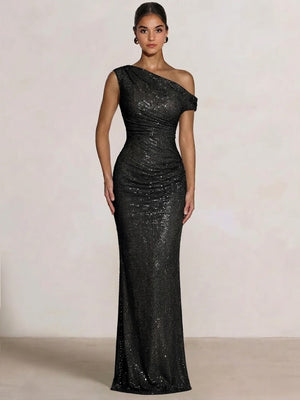 Mermaid Evening Dresses One Shoulder Short Sleeves Floor Length SequinsFormal Ruched Wedding Gues
