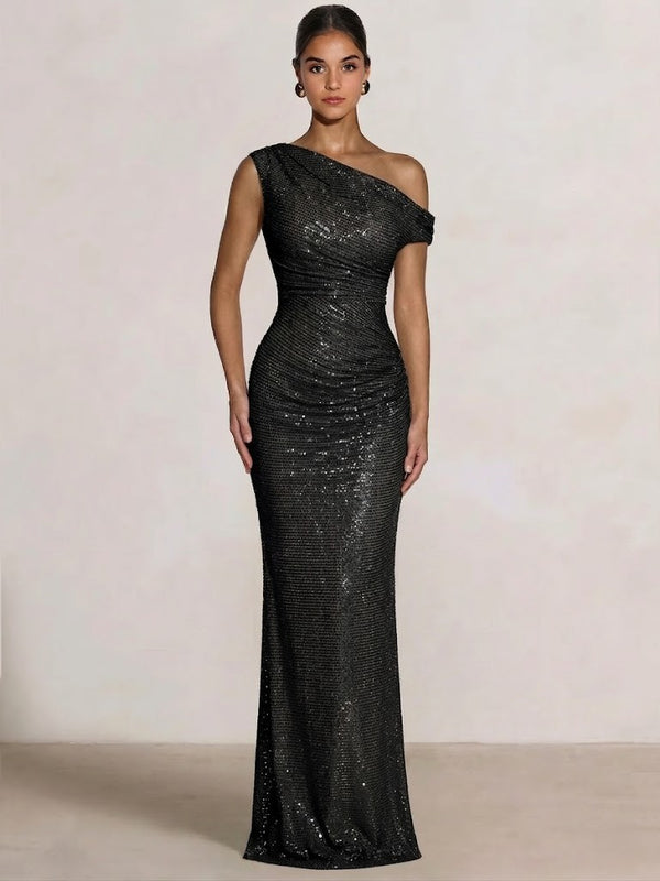 Mermaid Evening Dresses One Shoulder Short Sleeves Floor Length SequinsFormal Ruched Wedding Gues