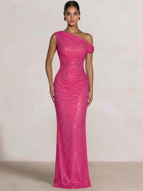 Mermaid Evening Dresses Sequins Wedding Guest Dresses One Shoulder Short Sleeves Floor Length Sequins Formal Ruched