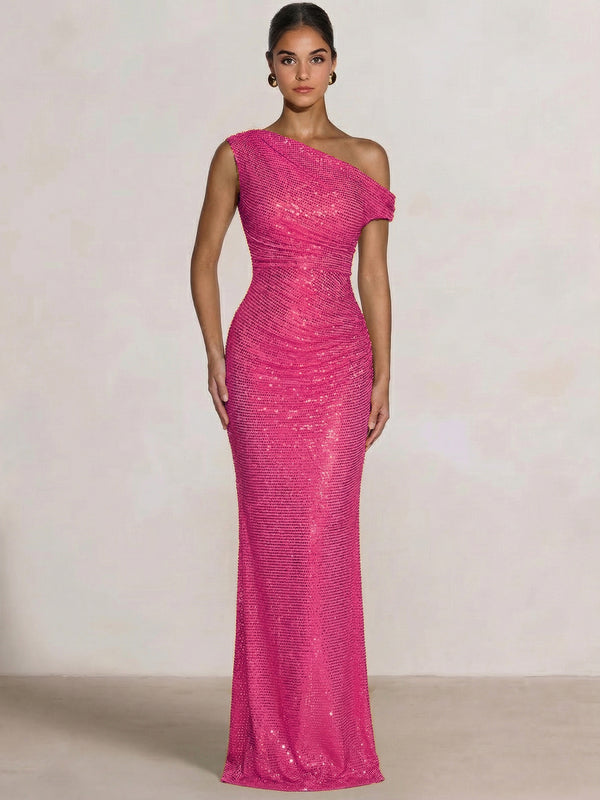 Mermaid Evening Dresses One Shoulder Short Sleeves Floor Length SequinsFormal Ruched Wedding Gues