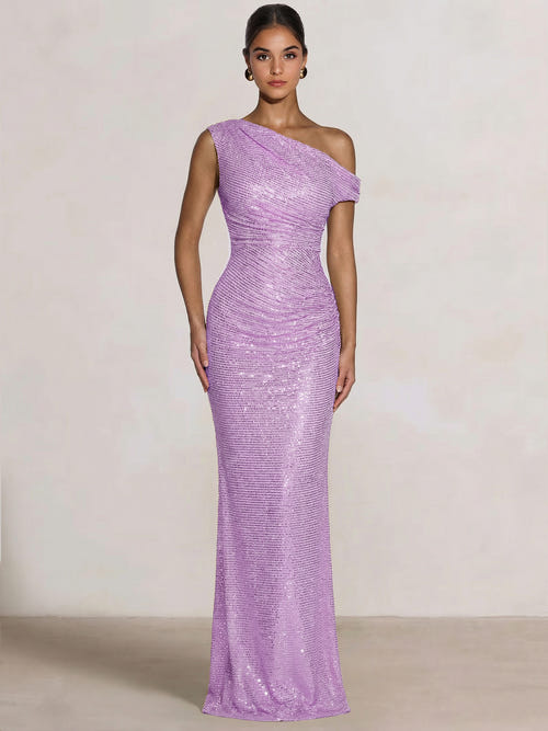 Mermaid Evening Dresses Sequins Wedding Guest Dresses One Shoulder Short Sleeves Floor Length Sequins Formal Ruched