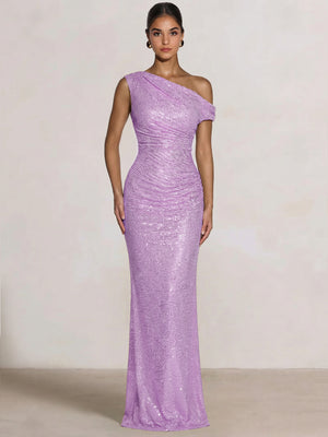 Mermaid Evening Dresses One Shoulder Short Sleeves Floor Length SequinsFormal Ruched Wedding Gues