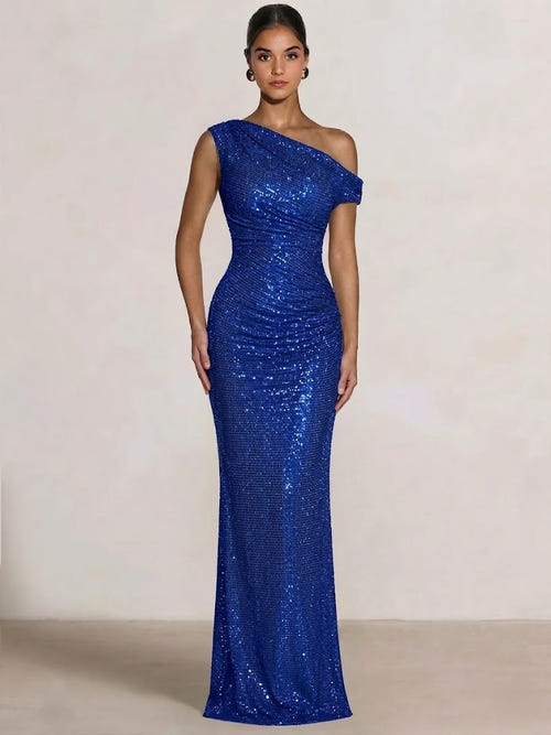 Mermaid Evening Dresses Sequins Wedding Guest Dresses One Shoulder Short Sleeves Floor Length Sequins Formal Ruched