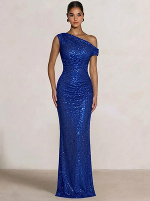 Mermaid Evening Dresses One Shoulder Short Sleeves Floor Length SequinsFormal Ruched Wedding Gues