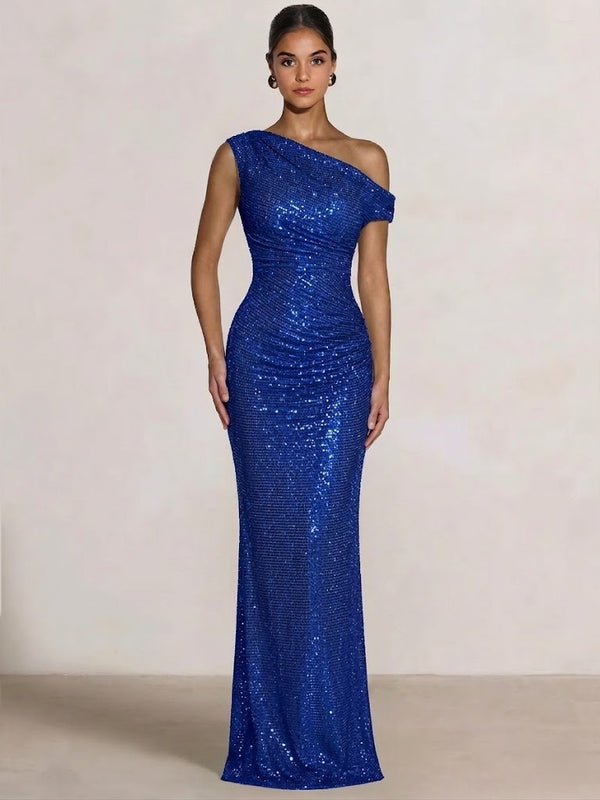 Mermaid Evening Dresses One Shoulder Short Sleeves Floor Length SequinsFormal Ruched Wedding Gues