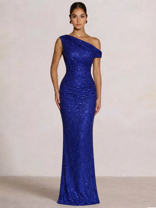 Mermaid Evening Dresses One Shoulder Short Sleeves Floor Length SequinsFormal Ruched Wedding Gues