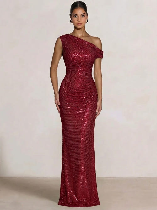 Mermaid Evening Dresses Sequins Wedding Guest Dresses One Shoulder Short Sleeves Floor Length Sequins Formal Ruched