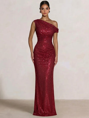 Mermaid Evening Dresses One Shoulder Short Sleeves Floor Length SequinsFormal Ruched Wedding Gues
