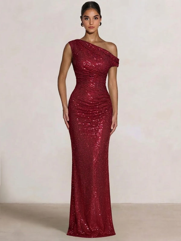Mermaid Evening Dresses One Shoulder Short Sleeves Floor Length SequinsFormal Ruched Wedding Gues