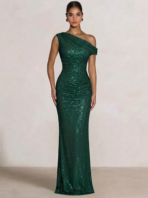 Mermaid Evening Dresses One Shoulder Short Sleeves Floor Length SequinsFormal Ruched Wedding Gues