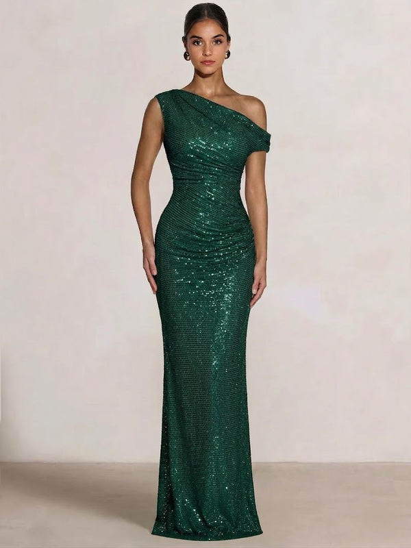 Mermaid Evening Dresses One Shoulder Short Sleeves Floor Length SequinsFormal Ruched Wedding Gues