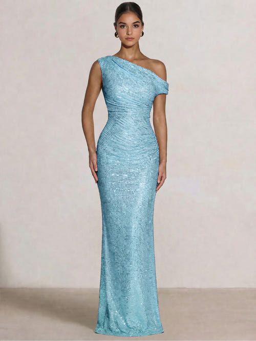 Mermaid Evening Dresses Sequins Wedding Guest Dresses One Shoulder Short Sleeves Floor Length Sequins Formal Ruched
