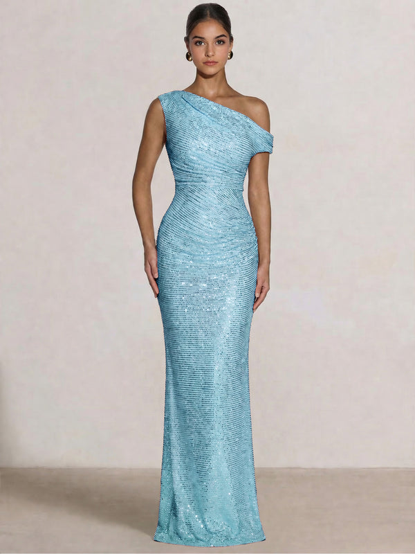 Mermaid Evening Dresses One Shoulder Short Sleeves Floor Length SequinsFormal Ruched Wedding Gues