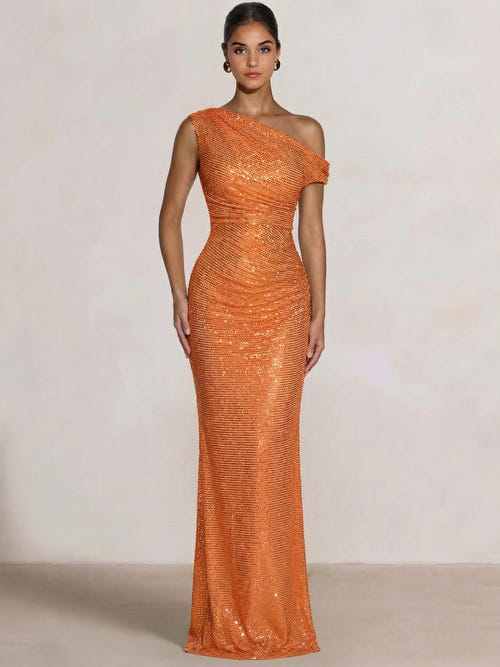 Mermaid Evening Dresses Sequins Wedding Guest Dresses One Shoulder Short Sleeves Floor Length Sequins Formal Ruched