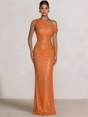 Mermaid Evening Dresses One Shoulder Short Sleeves Floor Length SequinsFormal Ruched Wedding Gues