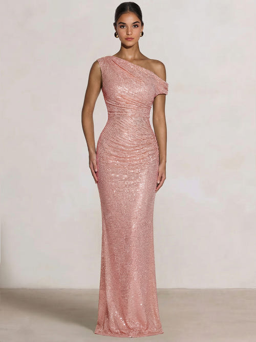 Mermaid Evening Dresses Sequins Wedding Guest Dresses One Shoulder Short Sleeves Floor Length Sequins Formal Ruched