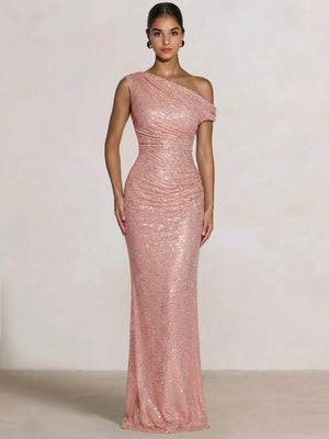 Mermaid Evening Dresses One Shoulder Short Sleeves Floor Length SequinsFormal Ruched Wedding Gues