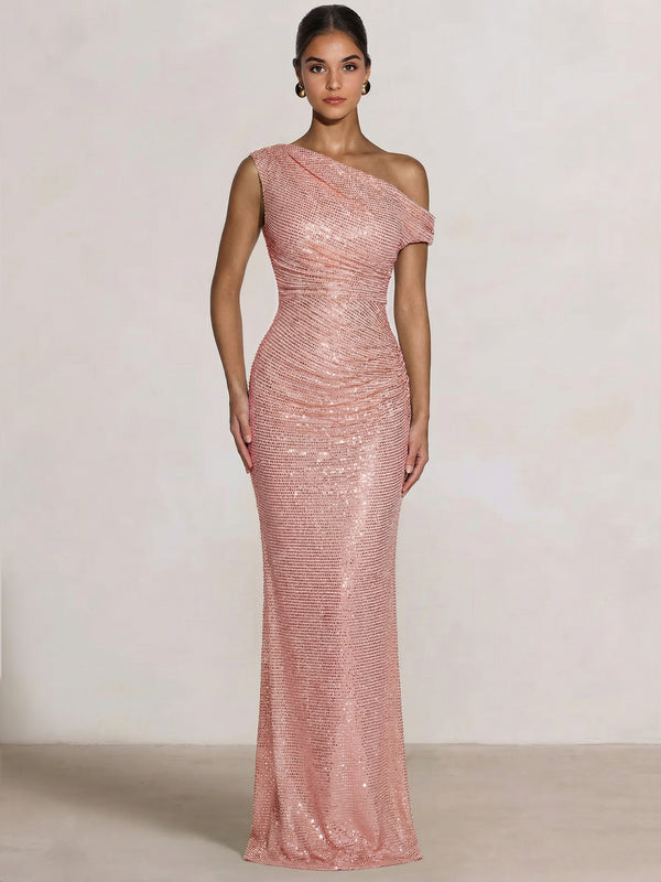 Mermaid Evening Dresses One Shoulder Short Sleeves Floor Length SequinsFormal Ruched Wedding Gues