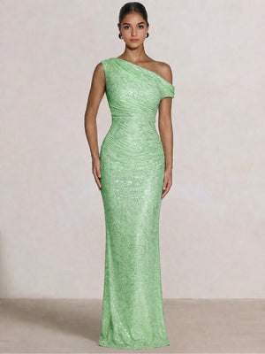 Mermaid Evening Dresses One Shoulder Short Sleeves Floor Length SequinsFormal Ruched Wedding Gues