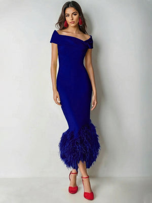 Mermaid Cocktail Party Dress Off The Shoulder Short Sleeves Ankle Length Feather Dress Formal Black Tie