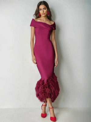 Mermaid Cocktail Party Dress Off The Shoulder Short Sleeves Ankle Length Feather Dress Formal Black Tie