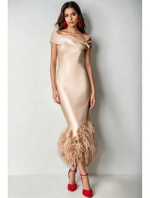Mermaid Cocktail Party Dress Off The Shoulder Short Sleeves Ankle Length Feather Dress Formal Black Tie