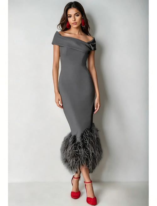 Mermaid Cocktail Party Dress Off The Shoulder Short Sleeves Ankle Length Feather Dress Formal Black Tie