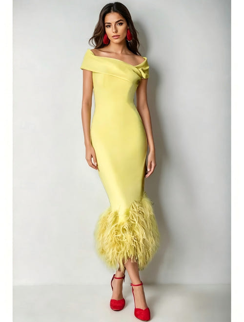 Mermaid Cocktail Party Dress Off The Shoulder Short Sleeves Ankle Length Feather Dress Formal Black Tie