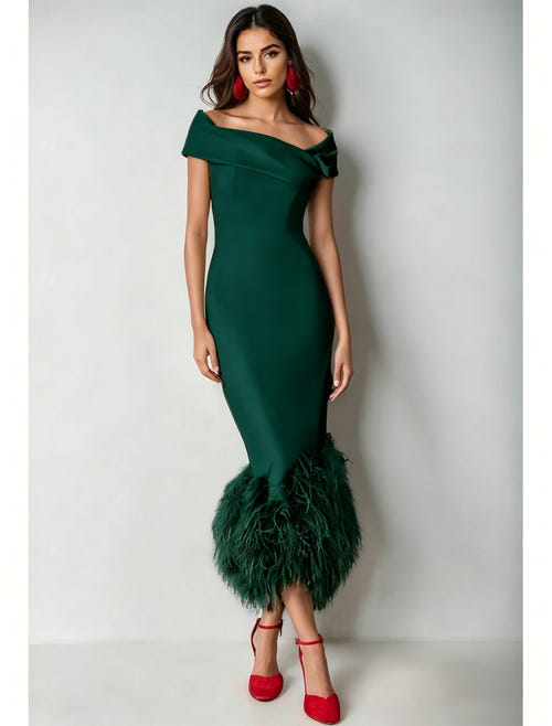 Mermaid Cocktail Party Dress Off The Shoulder Short Sleeves Ankle Length Feather Dress Formal Black Tie