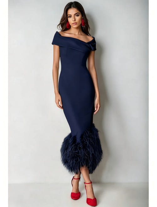 Mermaid Cocktail Party Dress Off The Shoulder Short Sleeves Ankle Length Feather Dress Formal Black Tie