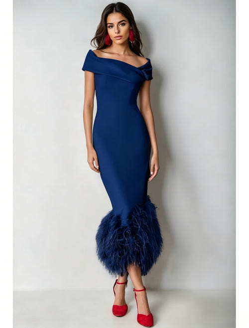 Mermaid Cocktail Party Dress Off The Shoulder Short Sleeves Ankle Length Feather Dress Formal Black Tie
