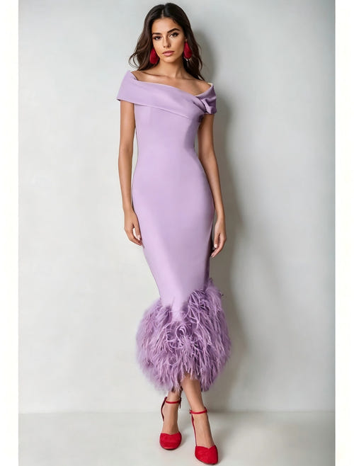 Mermaid Cocktail Party Dress Off The Shoulder Short Sleeves Ankle Length Feather Dress Formal Black Tie