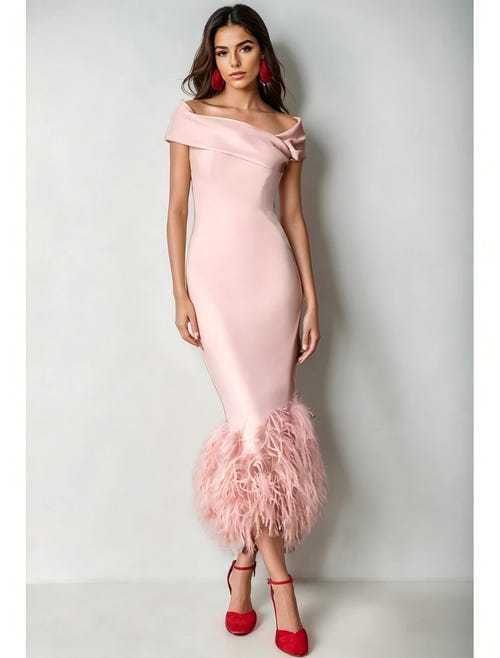 Mermaid Cocktail Party Dress Off The Shoulder Short Sleeves Ankle Length Feather Dress Formal Black Tie
