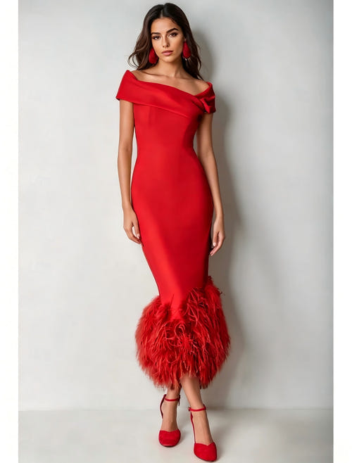 Mermaid Cocktail Party Dress Off The Shoulder Short Sleeves Ankle Length Feather Dress Formal Black Tie