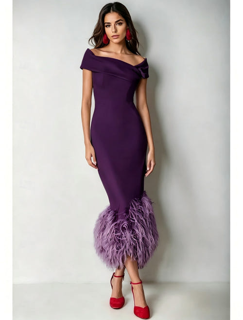 Mermaid Cocktail Party Dress Off The Shoulder Short Sleeves Ankle Length Feather Dress Formal Black Tie