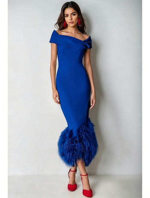 Mermaid Cocktail Party Dress Off The Shoulder Short Sleeves Ankle Length Feather Dress Formal Black Tie