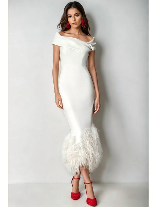Mermaid Cocktail Party Dress Off The Shoulder Short Sleeves Ankle Length Feather Dress Formal Black Tie