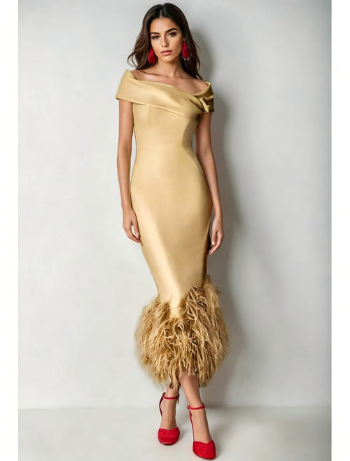 Mermaid Cocktail Party Dress Off The Shoulder Short Sleeves Ankle Length Feather Dress Formal Black Tie
