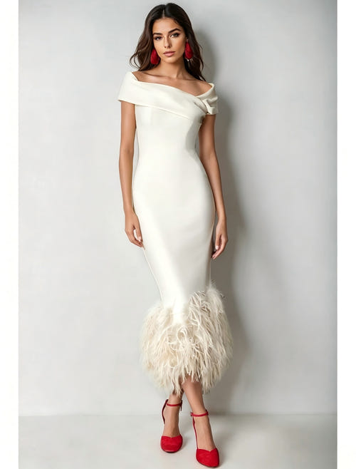 Mermaid Cocktail Party Dress Off The Shoulder Short Sleeves Ankle Length Feather Dress Formal Black Tie