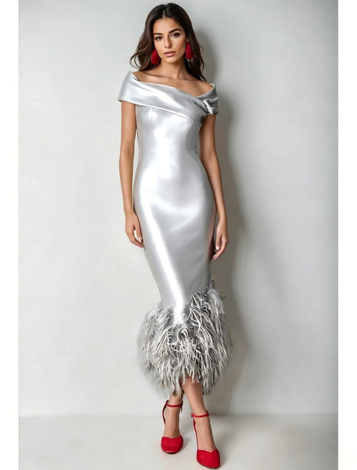 Mermaid Cocktail Party Dress Off The Shoulder Short Sleeves Ankle Length Feather Dress Formal Black Tie